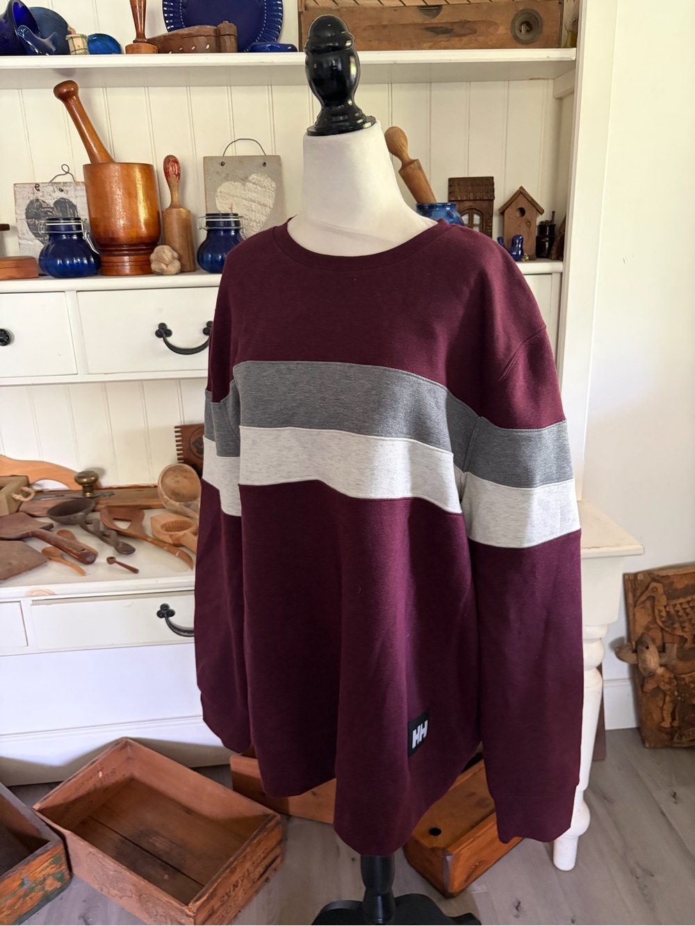 Helly Hansen Men's Maroon Crewneck with Gray and White Stripes